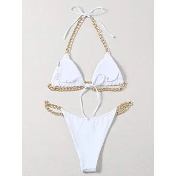 MakeMeChic Chain Linked Triangle Bikini in White