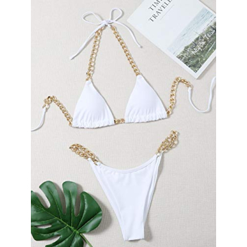 MakeMeChic Chain Linked Triangle Bikini in White