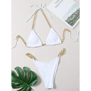 MakeMeChic Chain Linked Triangle Bikini in White