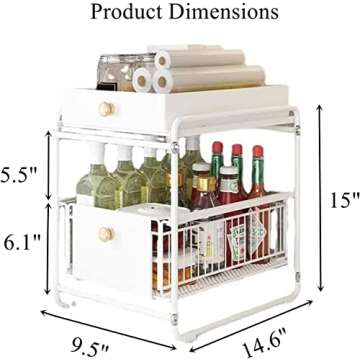 CBYJK Stackable 2-Tie Under Sink Cabinets Organizer With Sliding Storage Drawer, Bathroom Under Sink Organizer, Pull Out Cabinets Organizer Shelf For Kitchen, Bathroom, Office (White)
