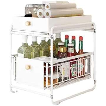CBYJK Stackable 2-Tie Under Sink Cabinets Organizer With Sliding Storage Drawer, Bathroom Under Sink Organizer, Pull Out Cabinets Organizer Shelf For Kitchen, Bathroom, Office (White)