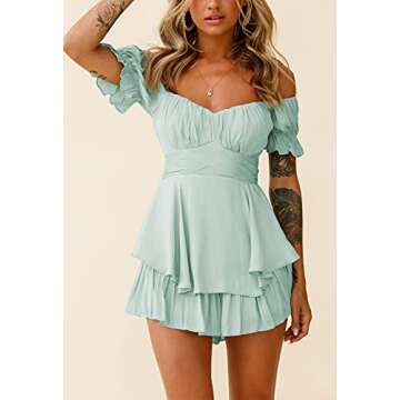 Fixmatti Women Casual Off Shoulder Jumpsuit Summer Boho Bare Shoulder Ruffle Chiffon Shorts Rompers Turquoise S