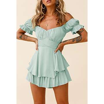 Fixmatti Women Casual Off Shoulder Jumpsuit Summer Boho Bare Shoulder Ruffle Chiffon Shorts Rompers Turquoise S