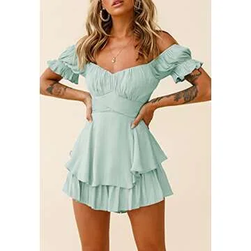 Fixmatti Women Casual Off Shoulder Jumpsuit Summer Boho Bare Shoulder Ruffle Chiffon Shorts Rompers Turquoise S