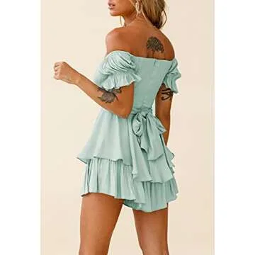 Fixmatti Women Casual Off Shoulder Jumpsuit Summer Boho Bare Shoulder Ruffle Chiffon Shorts Rompers Turquoise S