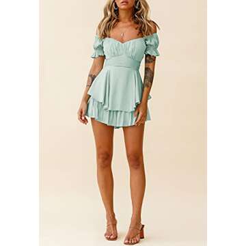 Fixmatti Women Casual Off Shoulder Jumpsuit Summer Boho Bare Shoulder Ruffle Chiffon Shorts Rompers Turquoise S