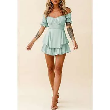 Fixmatti Women Casual Off Shoulder Jumpsuit Summer Boho Bare Shoulder Ruffle Chiffon Shorts Rompers Turquoise S