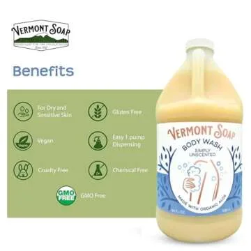 VERMONT SOAP Body Wash, Natural Body Wash with Shea Butter, Mild Gel Body Wash for Moisturizing and Soothing Skin, Fragrance Free Body Wash for Women & Men (Simply Unscented, 64oz)