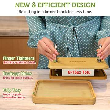 Bamboo Tofu Press, Built in Tofu Strainer and Drip Tray with Cheesecloth- Easily Remove Water from Tofu, Tofu Drainer and Squeezer, Fit for Tofu Size 16oz, Great Gift for Tofu Lover