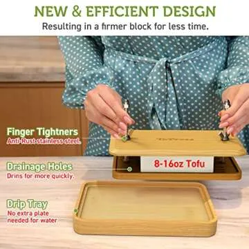 Bamboo Tofu Press, Built in Tofu Strainer and Drip Tray with Cheesecloth- Easily Remove Water from Tofu, Tofu Drainer and Squeezer, Fit for Tofu Size 16oz, Great Gift for Tofu Lover