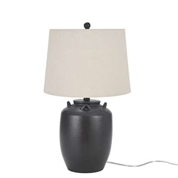 Nourison 24" Black Farmhouse Ceramic Pottery Jug Table Lamp for Bedside Table, Living Room, Office, Entryway