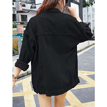 Omoone Women's Oversized Mid Long Denim Jacket Jean Biker Coat (0199-Black-L)