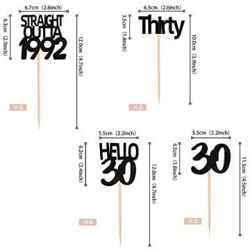 24 PCS Black 30th Birthday Cupcake Toppers Glitter Thirty Straight Outta 1992 Hello 30 Cupcake Picks Cheers to 30 Years Birthday Anniversary Cake Decorations Supplies