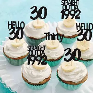 24 PCS Black 30th Birthday Cupcake Toppers Glitter Thirty Straight Outta 1992 Hello 30 Cupcake Picks Cheers to 30 Years Birthday Anniversary Cake Decorations Supplies
