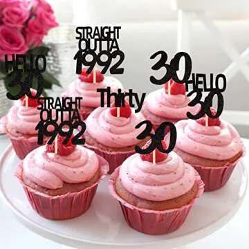 24 PCS Black 30th Birthday Cupcake Toppers Glitter Thirty Straight Outta 1992 Hello 30 Cupcake Picks Cheers to 30 Years Birthday Anniversary Cake Decorations Supplies