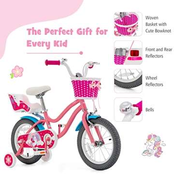 BABY JOY Kids Bike, 14 Inch Kids Bicycle w/Training Wheels, Adjustable Seat Handlebar Height, Storag...