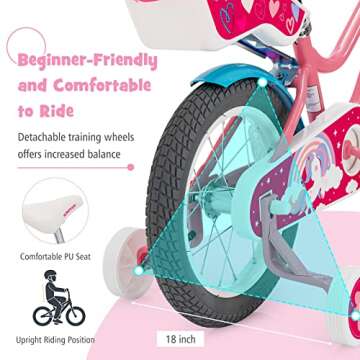 BABY JOY Kids Bike, 14 Inch Kids Bicycle w/Training Wheels, Adjustable Seat Handlebar Height, Storage Basket, Doll Seat, Handbrakes & Coaster Brake, Pre-Assembled Cycle for 3-5 Years Old Girls