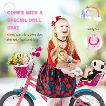 BABY JOY Kids Bike, 14 Inch Kids Bicycle w/Training Wheels, Adjustable Seat Handlebar Height, Storage Basket, Doll Seat, Handbrakes & Coaster Brake, Pre-Assembled Cycle for 3-5 Years Old Girls