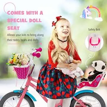 BABY JOY Kids Bike, 14 Inch Kids Bicycle w/Training Wheels, Adjustable Seat Handlebar Height, Storage Basket, Doll Seat, Handbrakes & Coaster Brake, Pre-Assembled Cycle for 3-5 Years Old Girls