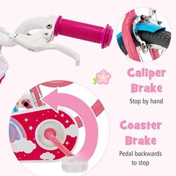 BABY JOY Kids Bike, 14 Inch Kids Bicycle w/Training Wheels, Adjustable Seat Handlebar Height, Storage Basket, Doll Seat, Handbrakes & Coaster Brake, Pre-Assembled Cycle for 3-5 Years Old Girls