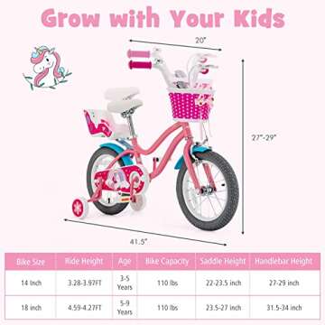 BABY JOY Kids Bike, 14 Inch Kids Bicycle w/Training Wheels, Adjustable Seat Handlebar Height, Storage Basket, Doll Seat, Handbrakes & Coaster Brake, Pre-Assembled Cycle for 3-5 Years Old Girls