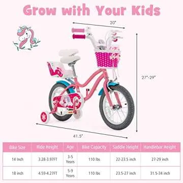 BABY JOY Kids Bike, 14 Inch Kids Bicycle w/Training Wheels, Adjustable Seat Handlebar Height, Storage Basket, Doll Seat, Handbrakes & Coaster Brake, Pre-Assembled Cycle for 3-5 Years Old Girls