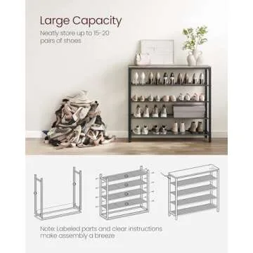 VASAGLE INDESTIC Shoe Rack, Organizer for Closet with 4 Mesh Shelves and Large Top for Bags, Entryway Hallway Shelf, Steel Frame, Industrial, Greige and Black ULBS015B02, 11.8 x 39.4 x 36.4 Inches