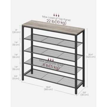 VASAGLE INDESTIC Shoe Rack, Organizer for Closet with 4 Mesh Shelves and Large Top for Bags, Entryway Hallway Shelf, Steel Frame, Industrial, Greige and Black ULBS015B02, 11.8 x 39.4 x 36.4 Inches