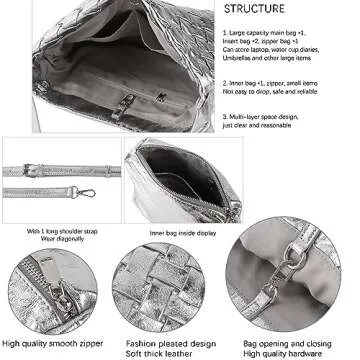 JINMANXUE Women Boston Bag Woven Vegan Leather Handbags Female Satchel Messenger Bag Fashion Shoulder Bag Casual Hobo (Silver)