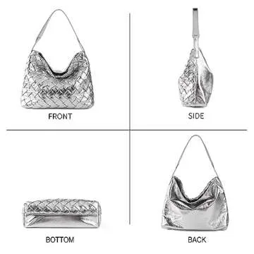 JINMANXUE Women Boston Bag Woven Vegan Leather Handbags Female Satchel Messenger Bag Fashion Shoulder Bag Casual Hobo (Silver)