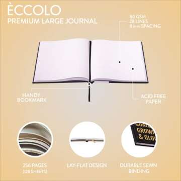 Eccolo Large Lined Journal Notebook, Hardbound Cover, Writing Journal, 256 Ruled White Pages, Ribbon Bookmark, Lay Flat, Desk Size for Work or School, Growing & Glowing (Black, 8x10 inches)