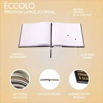 Eccolo Large Lined Journal Notebook, Hardbound Cover, Writing Journal, 256 Ruled White Pages, Ribbon Bookmark, Lay Flat, Desk Size for Work or School, Growing & Glowing (Black, 8x10 inches)