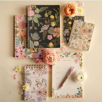 RIFLE PAPER CO. Colette Spiral-Bound Notebook, 150 Pages, Inner Storage Pocket Folders, Full Color Cover Features Metallic Gold Foil Accents. 8.25" L x 6.25" W