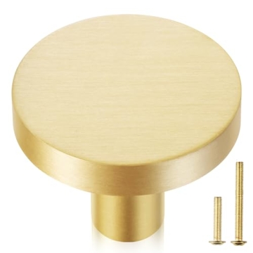 QOGRISUN 5-Pack Solid Brass Cabinet Knobs, 1-3/16-Inch Diameter, Round Gold Dresser Drawer Pulls Han...