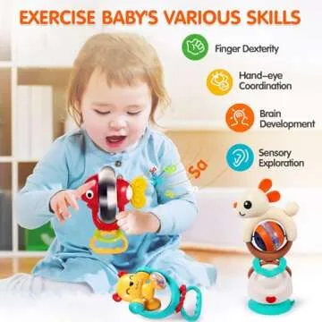 Baby Toys 6-12 Months Infant Toys Set of 3 High Chair Suction Cup Rattle Teething Toys for Baby 6 7 9 12-18 Months 2-in-1 Sensory Development Tray Toy Baby Gifts for Boys Girls