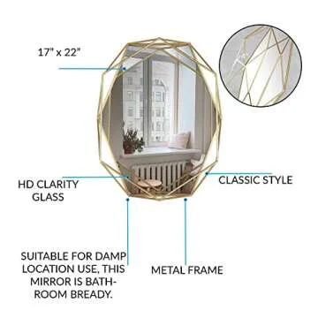 Mirrorize, 22x17 Framed Gold Hexagon Mirror, Geometric Hanging Modern Metal Frame Accent Wall Mirror for Bathroom Entryway Bedroom (IMP8449)