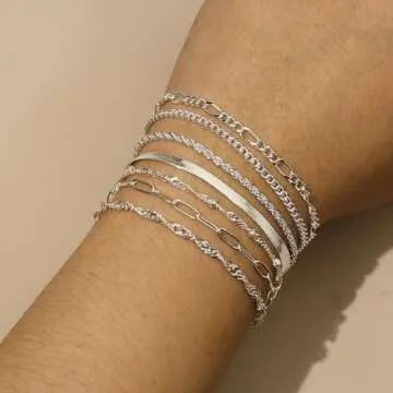 Reoxvo Silver Bracelets Stack Jewelry for Women Non Tarnish Dainty 925 Sterling Silver Plated Chain Link Bracelet Set Accessories for Women Trendy