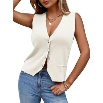 Saodimallsu Womens Sleeveless Sweater Vest Knit V Neck Button Fashion Casual Loose Spring Summer Waistcoat Cardigan White