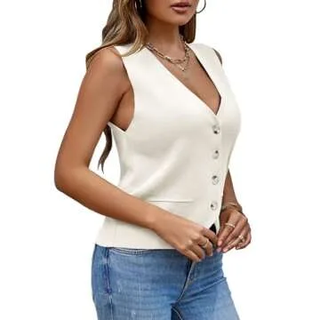 Saodimallsu Womens Sleeveless Sweater Vest Knit V Neck Button Fashion Casual Loose Spring Summer Waistcoat Cardigan White