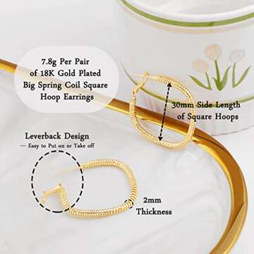 Aobei Pearl 18K Gold Big Square Hoop Earrings Delicate Screw Thread Spring Coil Huggie Earrings Minimalist Leverback Ear Jewelry for Women