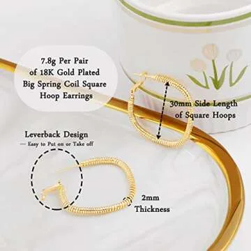 Aobei Pearl 18K Gold Big Square Hoop Earrings Delicate Screw Thread Spring Coil Huggie Earrings Minimalist Leverback Ear Jewelry for Women