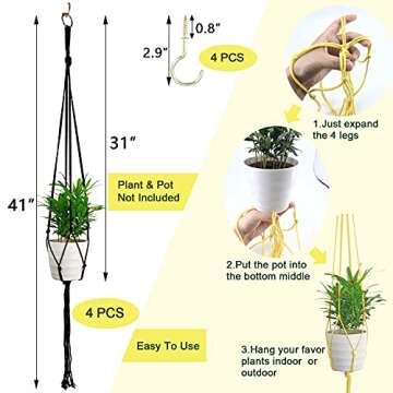 Free-Air Macrame Plant Hangers Indoor Outdoor,41'' Simple Design Flower Pot Hanger,Hanging Planters Holder Basket Handmade Cotton Rope with Hooks for Boho Home Decor-Black||4Pack