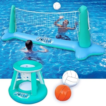 JOYIN Inflatable Pool Float Set Volleyball Net & Basketball Hoops for Kids and Adults