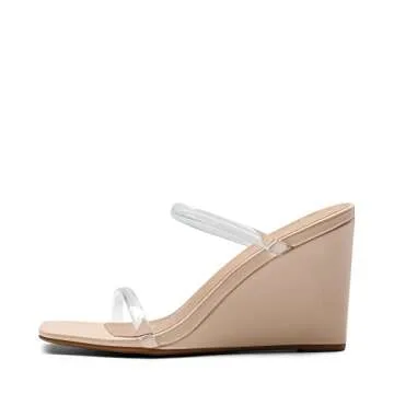 DREAM PAIRS Women's Slides Wedge Sandals Two Strap Square Open Toe Dress Shoes SDPW2224W,Nude Clear,9.5