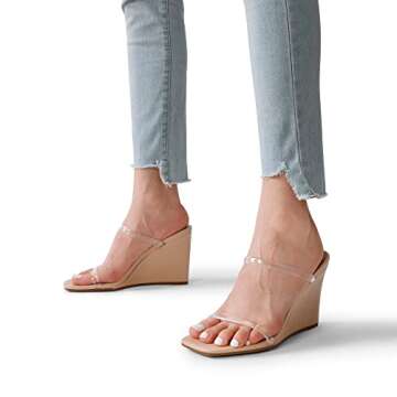 DREAM PAIRS Women's Slides Wedge Sandals Two Strap Square Open Toe Dress Shoes SDPW2224W,Nude Clear,9.5