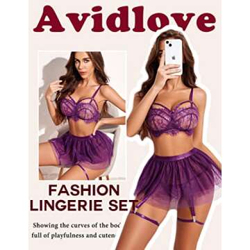 Avidlove Lingerie for Women Strap Babydoll Bodysuit with Garter Belts (Purple, Small)