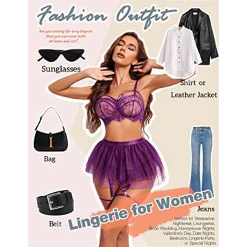 Avidlove Lingerie for Women Strap Babydoll Bodysuit with Garter Belts (Purple, Small)