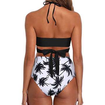 Aqua Eve Women High Waisted Bikini Set Halter Two Piece Bathing Suits Criss Cross Tummy Control Swimsuit Push Up Swimwear Black Leaf M