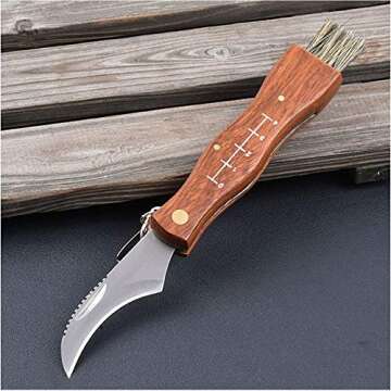 Folding Mushroom Knife with Wood Handle & Brush