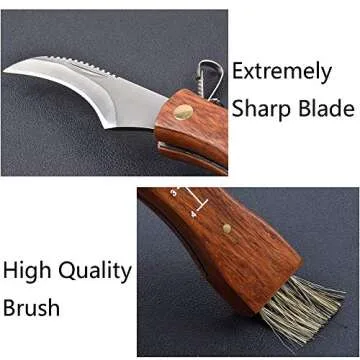 Folding Mushroom Knife with Wood Handle & Brush